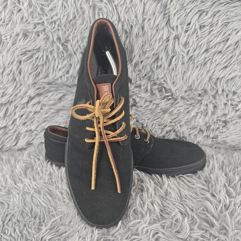 Polo Ralph Lauren Mens 13 Triple Black Faxon Low‎ Canvas Leather Lace Sneakers